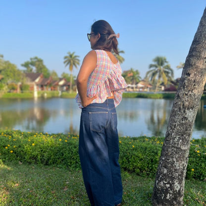 Multi-Check Ruffle Peplum Top | Semi-Open Back | Poppy & Co