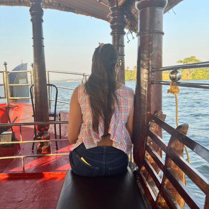 Multi-Check Ruffle Peplum Top | Semi-Open Back | Poppy & Co