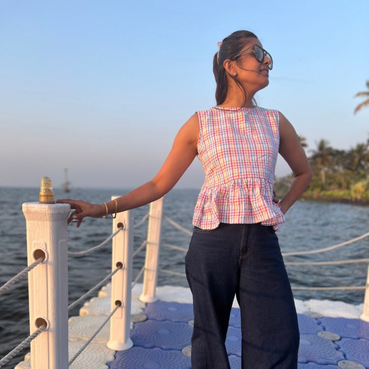 Multi-Check Ruffle Peplum Top | Semi-Open Back | Poppy & Co