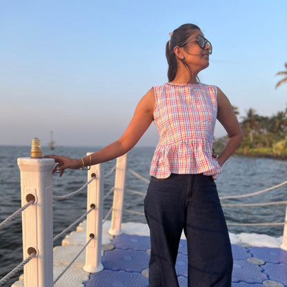 Multi-Check Ruffle Peplum Top | Semi-Open Back | Poppy & Co