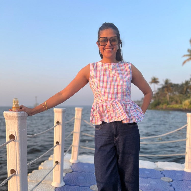 Multi-Check Ruffle Peplum Top | Semi-Open Back | Poppy & Co