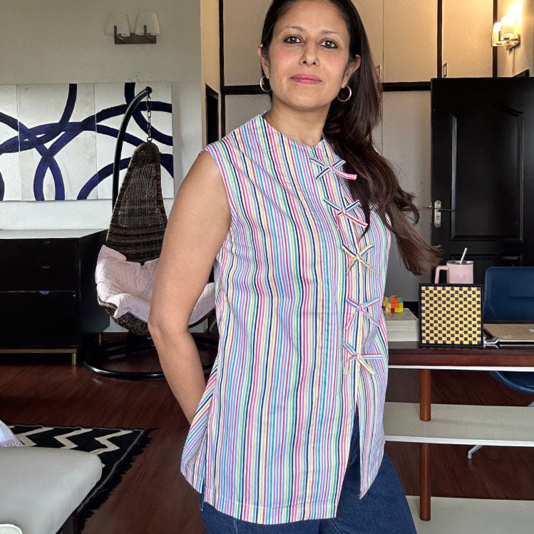 The Kiki Bow Waistcoat | Candy Stripe Cotton Top