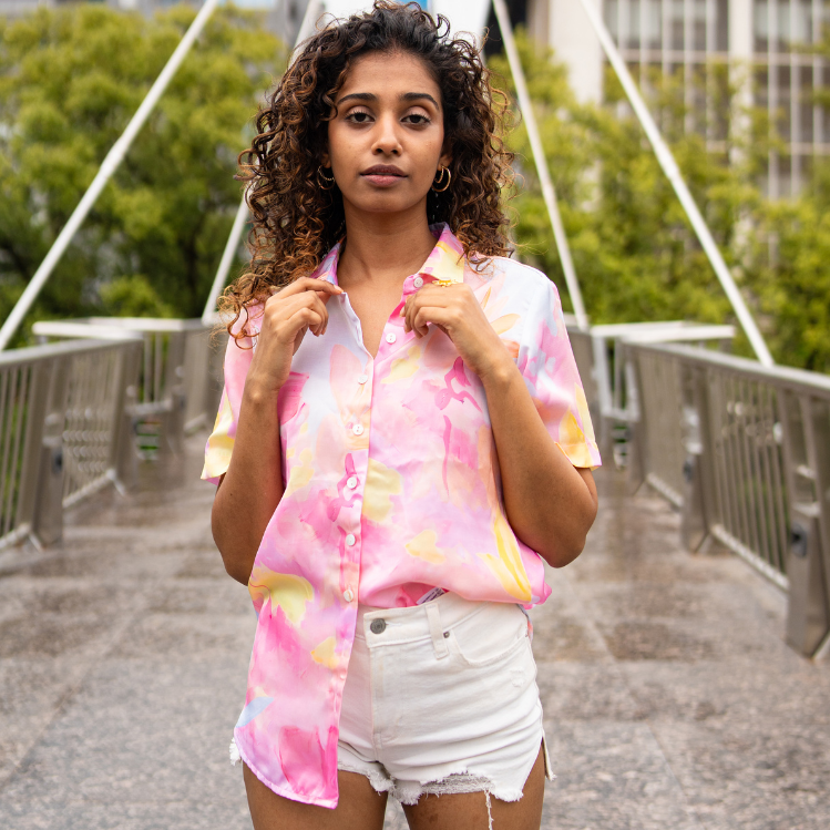 Pink & Neon Yellow Pastel Abstract Print Shirt