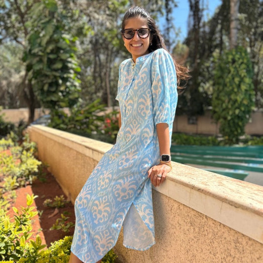 Serena Blue and White Ikat Print Midi Dress