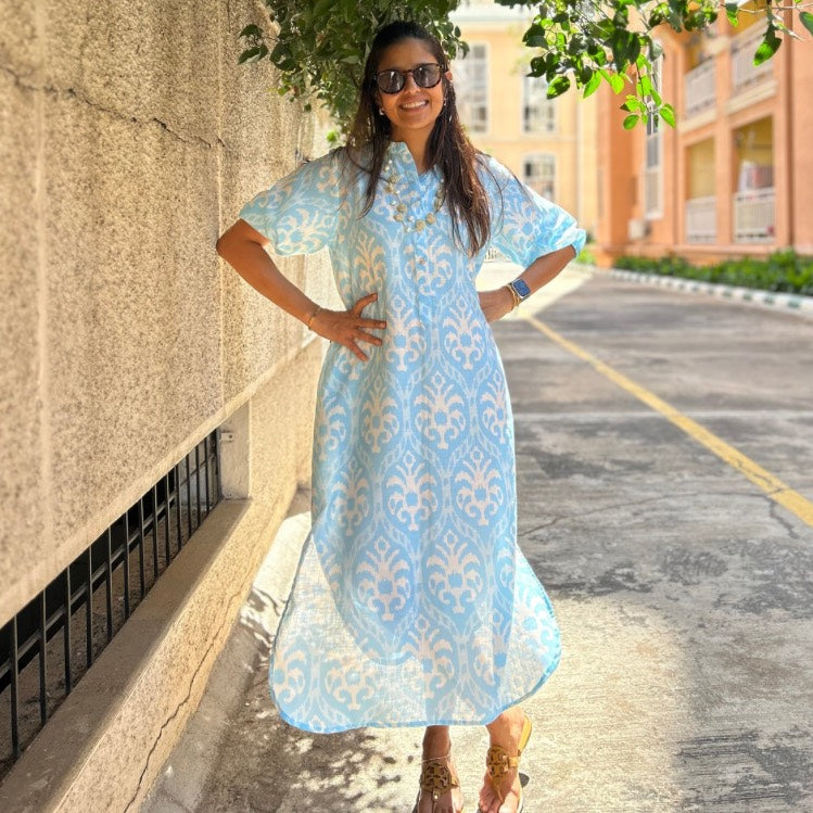 Serena Blue and White Ikat Print Midi Dress