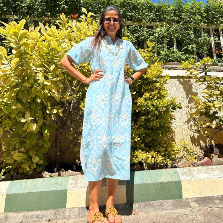 Serena Blue and White Ikat Print Midi Dress