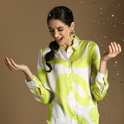 Lime Green and White Abstract Print Shirt