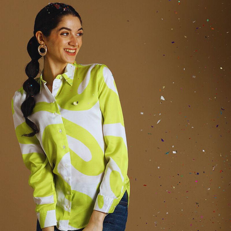 Lime Green and White Abstract Print Shirt