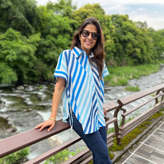 Brookie white & Blue Stripes Soft Lin'en Shirt