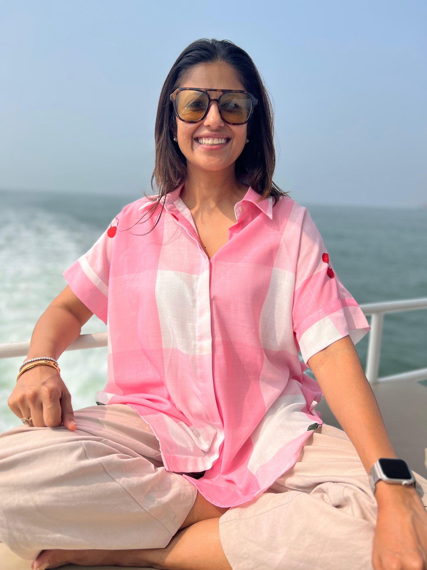 Pink Gingham Brookie Shirt with Cherry Embroidery | Poppy & Co