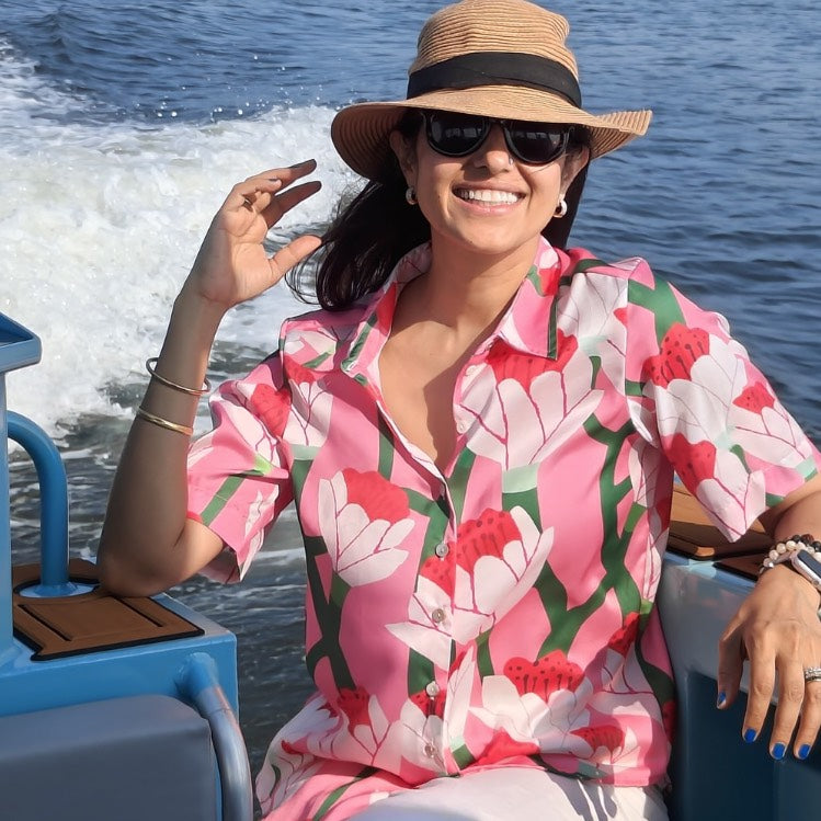 White and Pink Lilly Print Half Sleeves Shirt