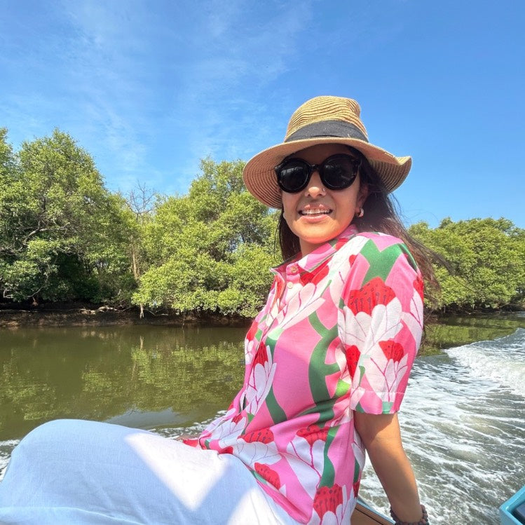 White and Pink Lilly Print Half Sleeves Shirt