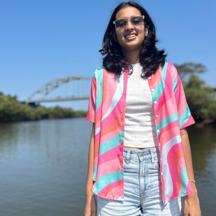 Pink, Coral & Blue Abstract Print Half Sleeves Shirt