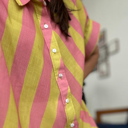 Coco Salmon Pink & Yellow Stripes Soft Lin'en Shirt