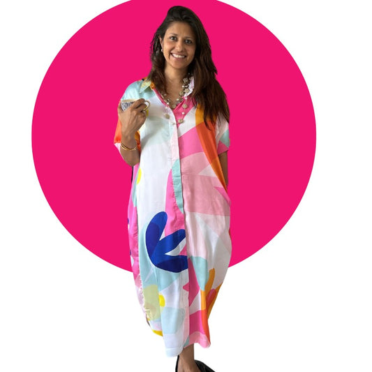 Blue, Pink, Yellow Abstract Print Shirt Dress