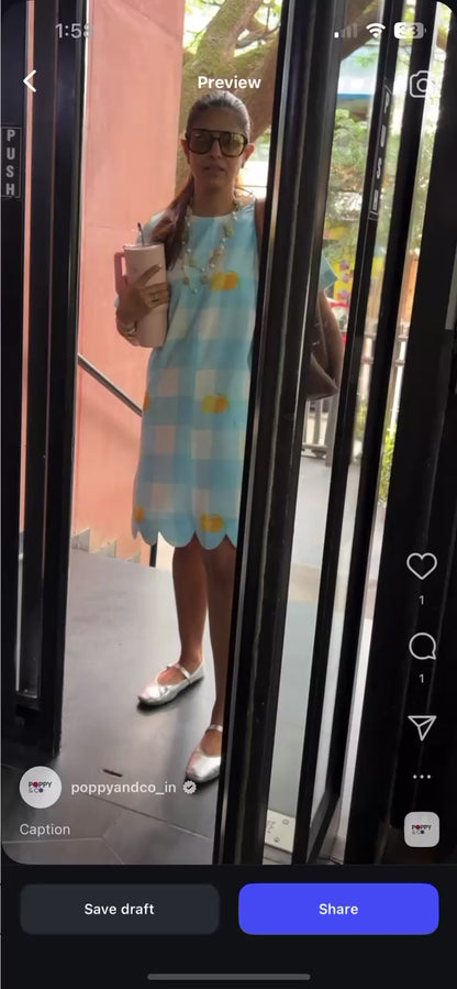Audrey Shift Dress Blue Gingham Checks & Lemon Print