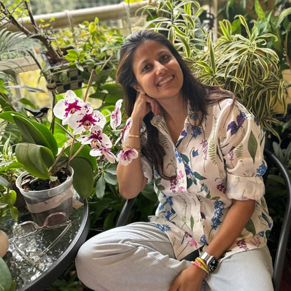 Dark white oversized floral print linen shirt for women