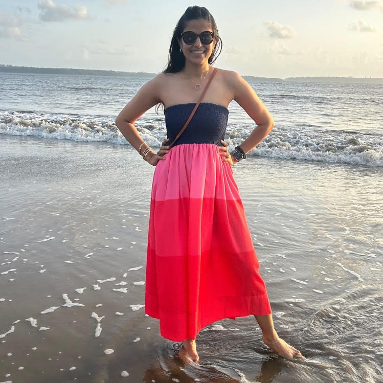Blue and pink bodice dress with flattering bustier fit