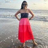 Blue and pink bodice dress with flattering bustier fit