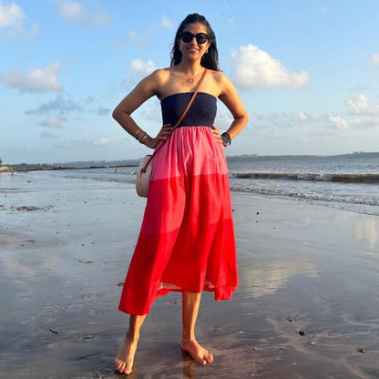 Chloe sunset bodice dress in blue and pink linen