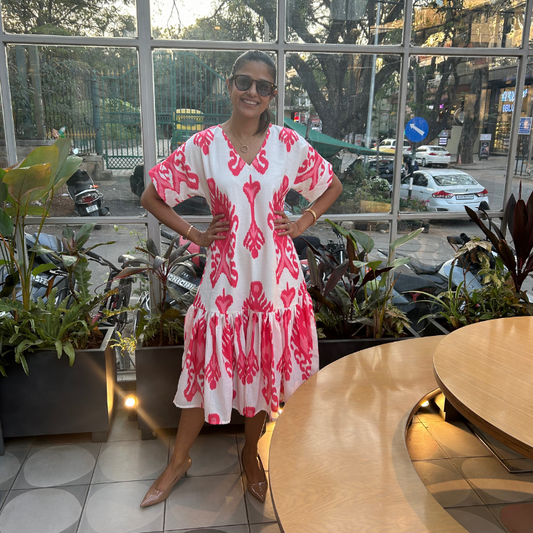 Jolene white & pink ikat print summer dress with sleeves and frill hem