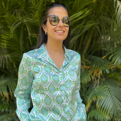 Green and Blue Moroccan Print Shirt