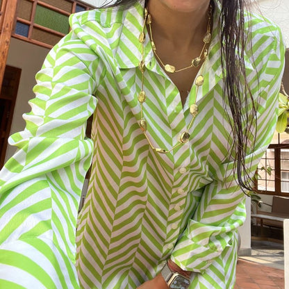 Green and White Stripes Print Shirt