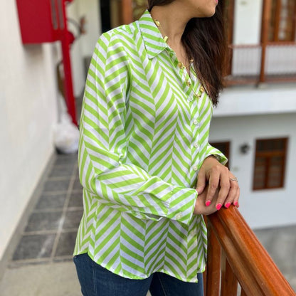 Green and White Stripes Print Shirt